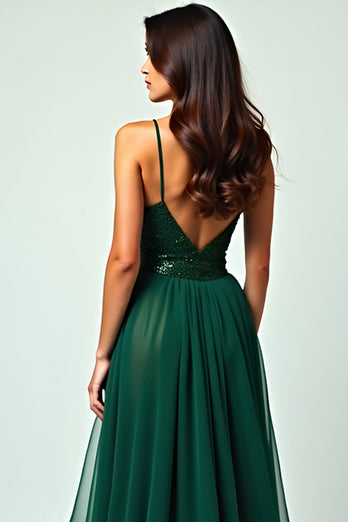 A Line Dark Green Long Ruffled Tulle Prom Dress with Slit