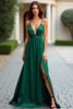 Load image into Gallery viewer, Dark Green A Line Deep V-Neck Long Prom Dress with Slit