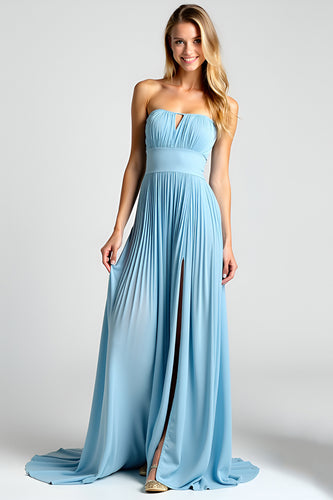 Blue A Line Strapless Keyhole Pleated Chiffon Bridesmaid Dress with Slit