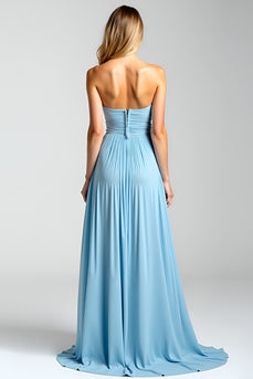 Blue A Line Strapless Keyhole Pleated Chiffon Bridesmaid Dress with Slit