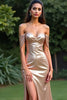 Load image into Gallery viewer, Glitter Champagne Sheath Off the Shoulder Long Prom Dress with Slit