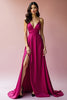 Load image into Gallery viewer, Fuchsia A Line Long Satin Prom Dress with Slit