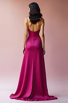 Fuchsia A Line Long Satin Prom Dress with Slit