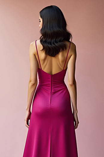 Fuchsia A Line Long Satin Prom Dress with Slit