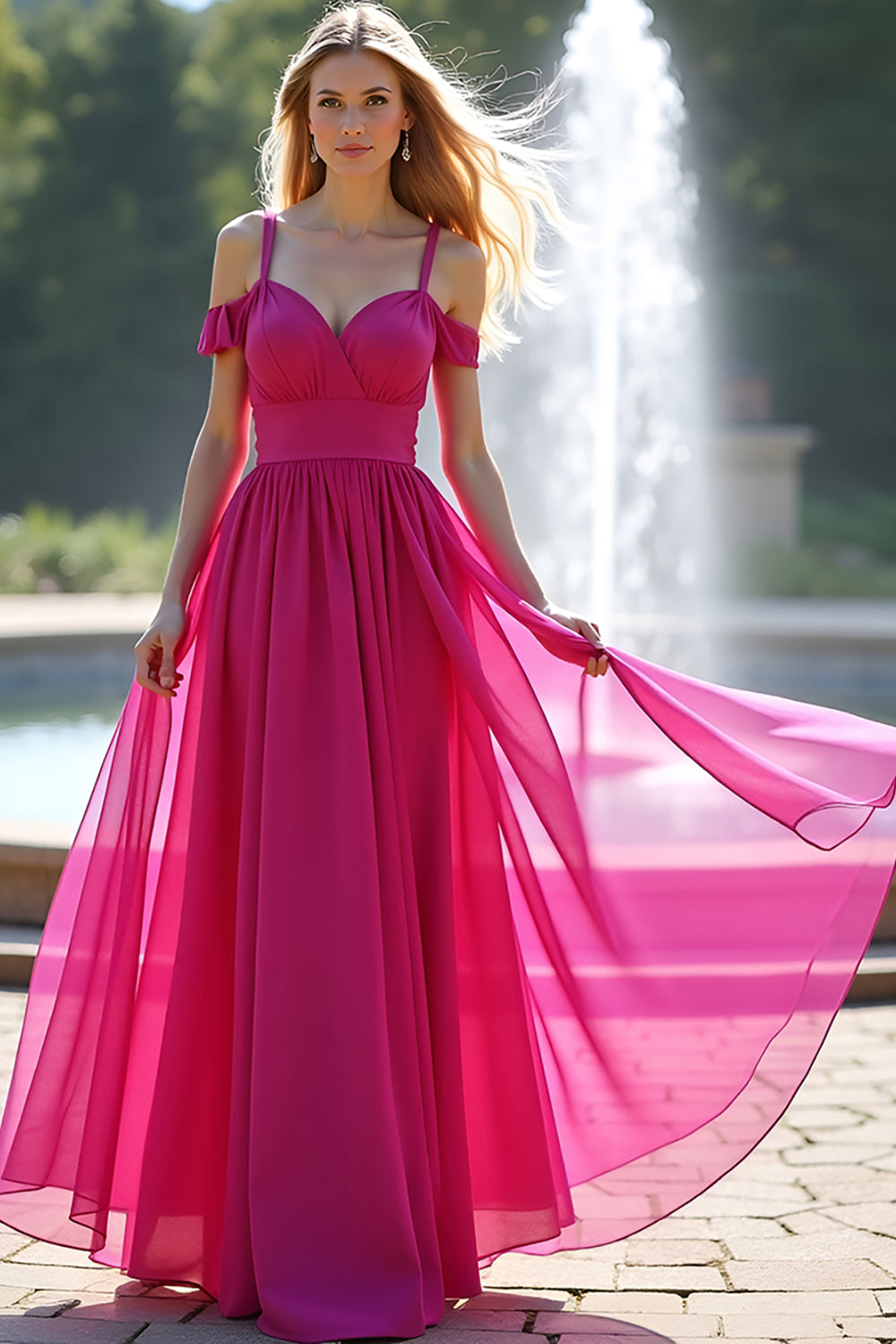 Fuchsia Cold Shoulder A Line Long Tulle Prom Dress