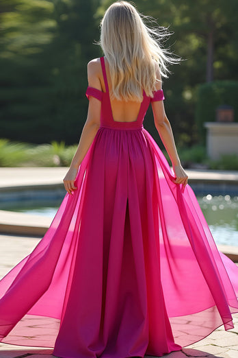 Fuchsia Cold Shoulder A Line Long Tulle Prom Dress