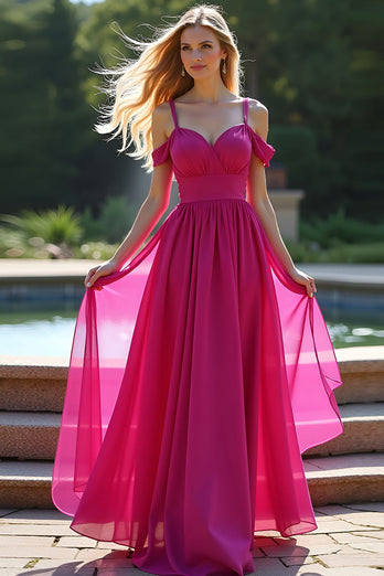 Fuchsia Cold Shoulder A Line Long Tulle Prom Dress