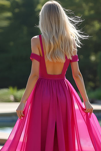 Fuchsia Cold Shoulder A Line Long Tulle Prom Dress