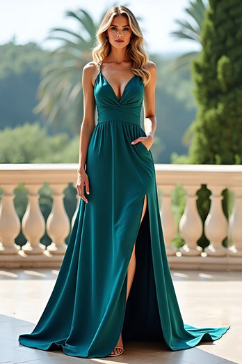 Peacock Green Backless V-Neck Long Prom Dress with Slit