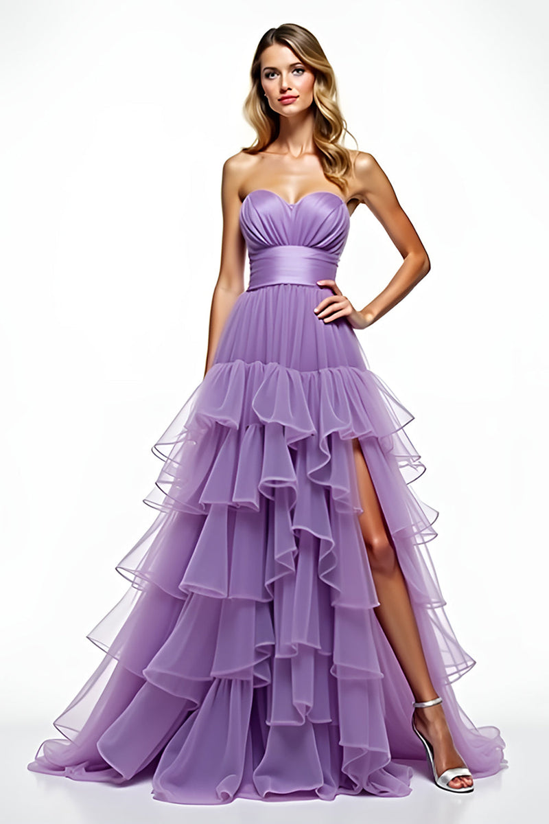 Load image into Gallery viewer, Purple Strapless Ruffled Long Tiered Tulle Prom Dress with Slit