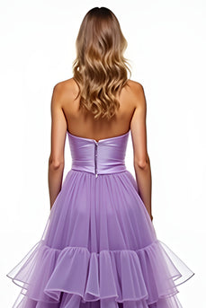 Purple Strapless Ruffled Long Tiered Tulle Prom Dress with Slit