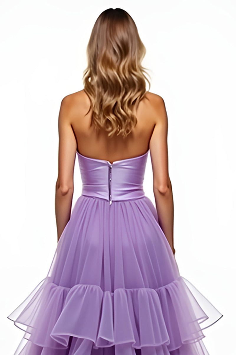 Load image into Gallery viewer, Purple Strapless Ruffled Long Tiered Tulle Prom Dress with Slit