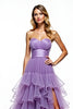 Load image into Gallery viewer, Purple Strapless Ruffled Long Tiered Tulle Prom Dress with Slit