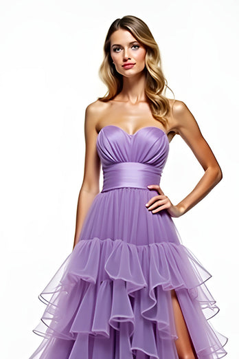 Purple Strapless Ruffled Long Tiered Tulle Prom Dress with Slit