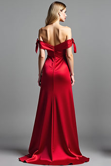 Red Satin Off the Shoulder Long Prom Dress with Slit