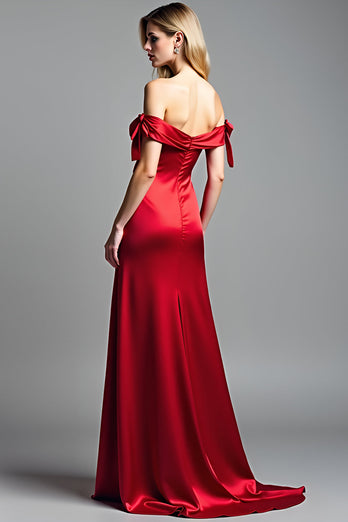 Red Satin Off the Shoulder Long Prom Dress with Slit