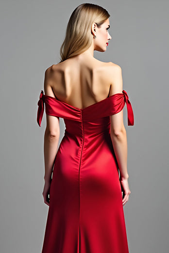 Red Satin Off the Shoulder Long Prom Dress with Slit