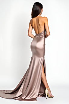 Halter Neck Dusty Rose Long Satin Prom Dress with Slit