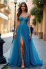 Load image into Gallery viewer, A Line Blue Ruched Strapless Long Prom Dress with Slit