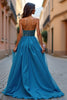 Load image into Gallery viewer, A Line Blue Ruched Strapless Long Prom Dress with Slit