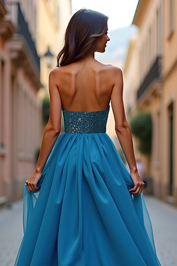 A Line Blue Ruched Strapless Long Prom Dress with Slit