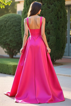 Fuchsia Square Neck A Line Ruched Long Prom Dress with Slit