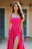 Load image into Gallery viewer, Fuchsia Square Neck A Line Ruched Long Prom Dress with Slit