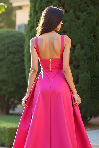 Fuchsia Square Neck A Line Ruched Long Prom Dress with Slit