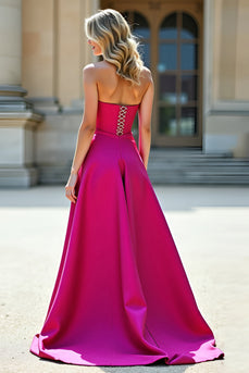 Sweetheart Satin Fuchsia A Line Long Prom Dress with Slit