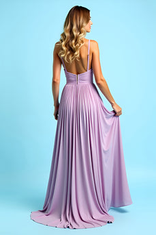 Elegant Lilac A Line Pleated Long Chiffon Bridesmaid Dress with Slit