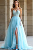 Load image into Gallery viewer, Sweetheart Light Blue A Line Long Beaded Prom Dress with Slit