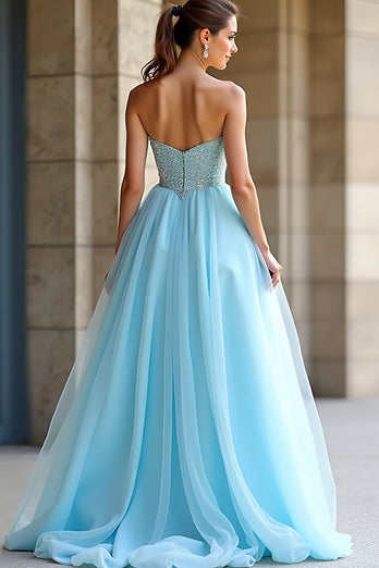 Sweetheart Light Blue A Line Long Beaded Prom Dress with Slit