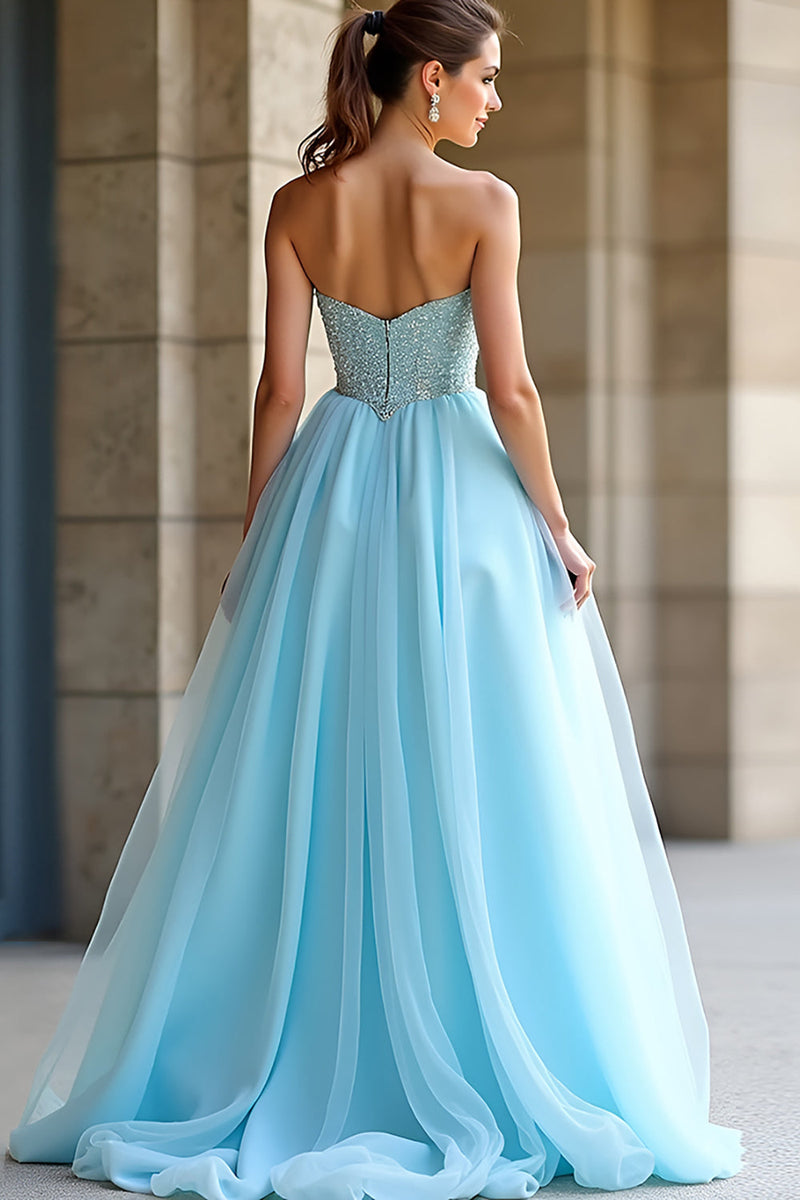 Load image into Gallery viewer, Sweetheart Light Blue A Line Long Beaded Prom Dress with Slit