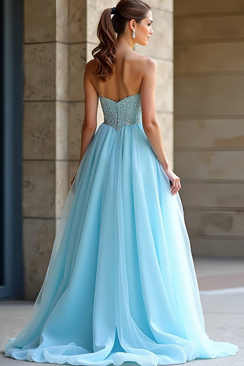 Sweetheart Light Blue A Line Long Beaded Prom Dress with Slit