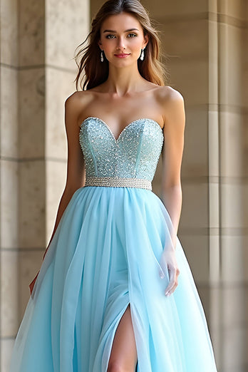 Sweetheart Light Blue A Line Long Beaded Prom Dress with Slit