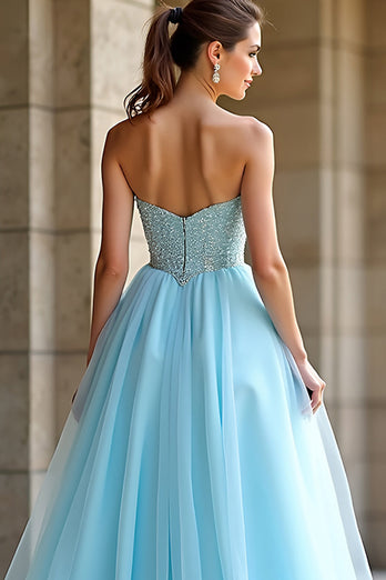 Sweetheart Light Blue A Line Long Beaded Prom Dress with Slit