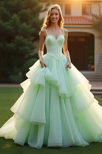 Ball Gown Green Spaghetti Straps Long Prom Dress