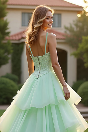 Ball Gown Green Spaghetti Straps Long Prom Dress