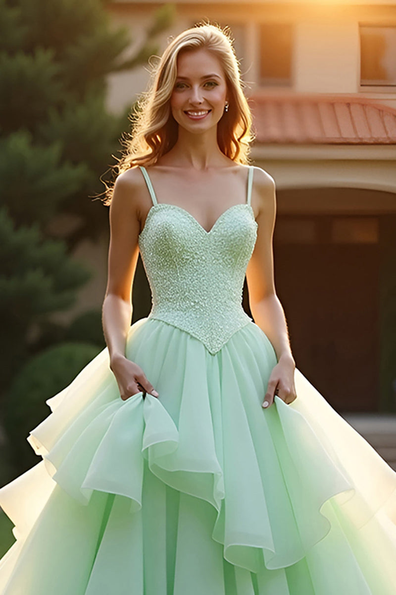 Load image into Gallery viewer, Ball Gown Green Spaghetti Straps Long Prom Dress