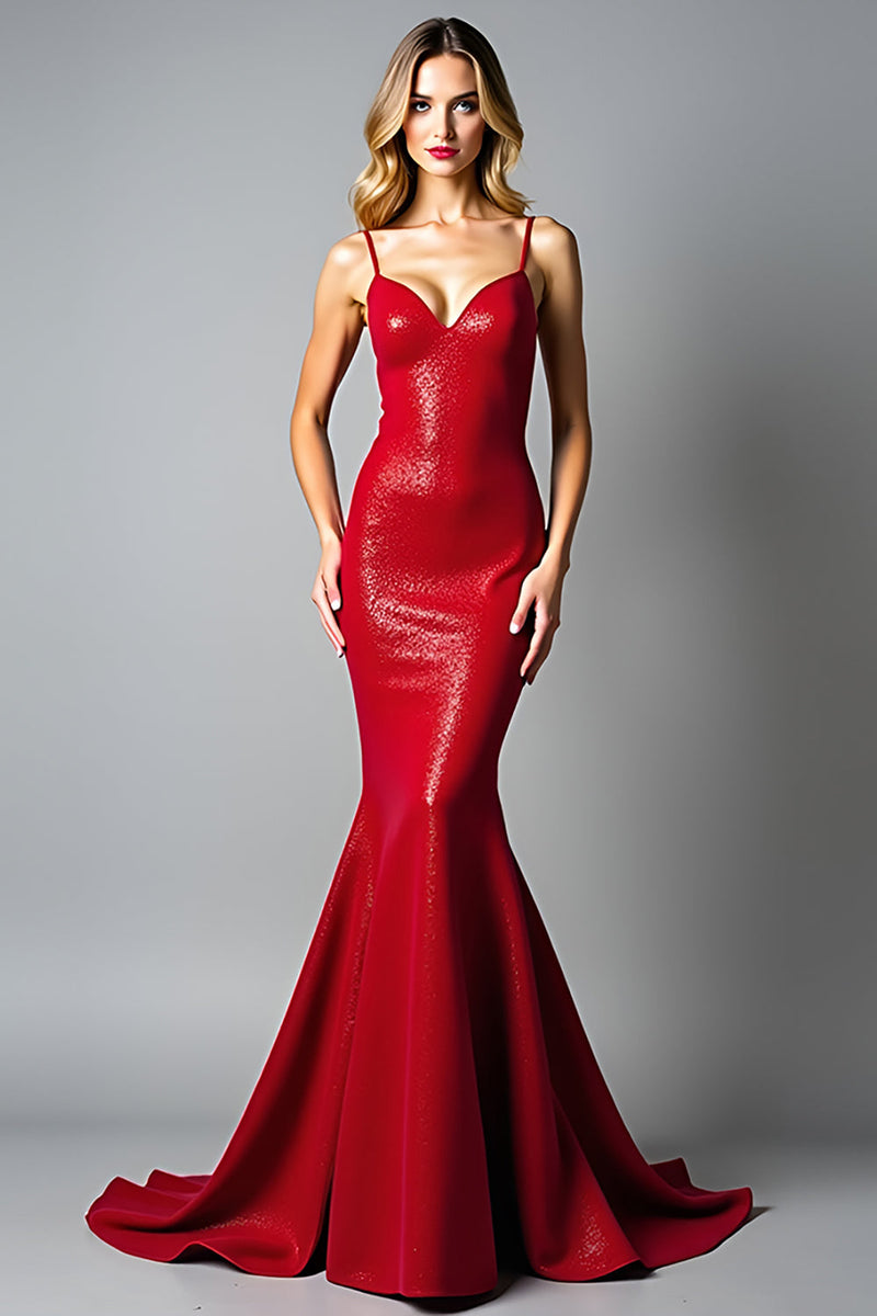 Load image into Gallery viewer, Glitter Mermaid Dark Red Backless Long Prom Dress