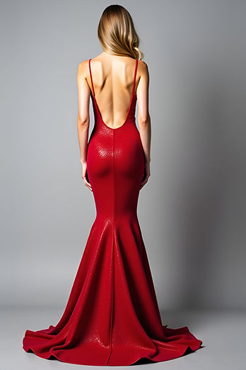 Glitter Mermaid Dark Red Backless Long Prom Dress