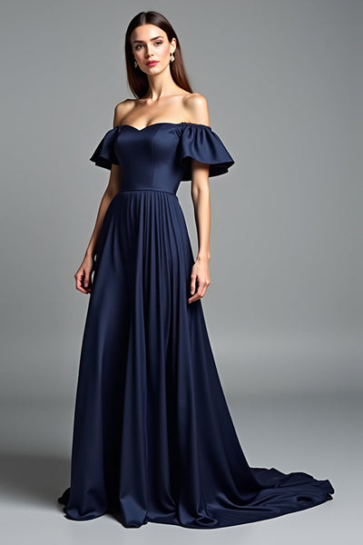 Navy Beaded Off the Shoulder A Line Long Formal Dress