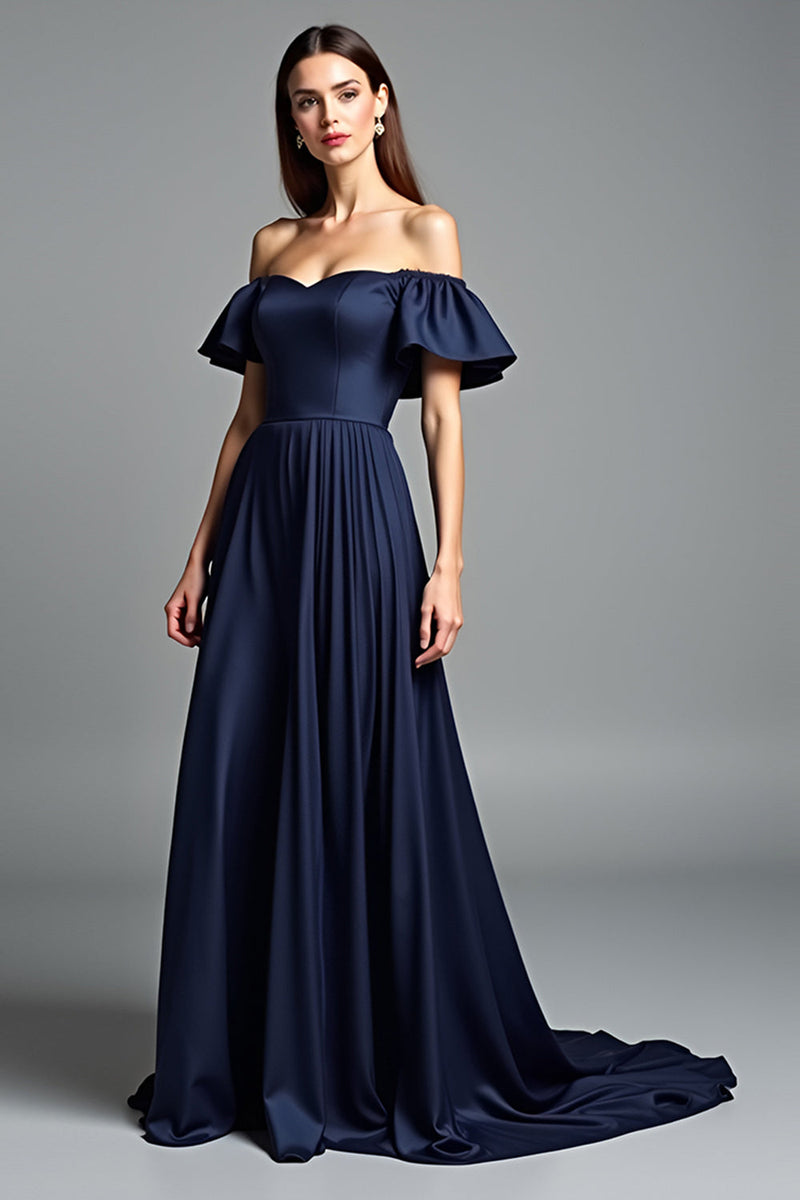 Load image into Gallery viewer, Navy Beaded Off the Shoulder A Line Long Formal Dress