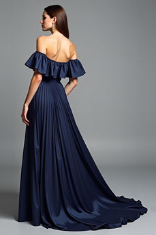 Navy Beaded Off the Shoulder A Line Long Formal Dress