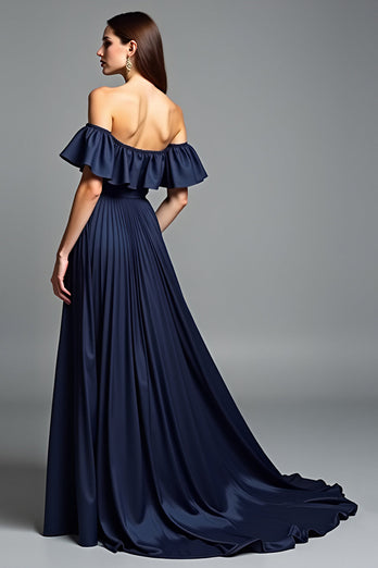 Navy Beaded Off the Shoulder A Line Long Formal Dress