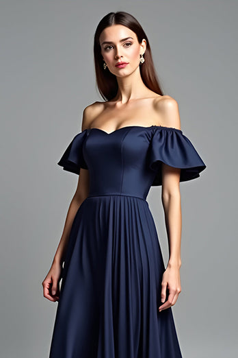 Navy Beaded Off the Shoulder A Line Long Formal Dress