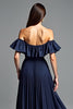 Load image into Gallery viewer, Navy Beaded Off the Shoulder A Line Long Formal Dress