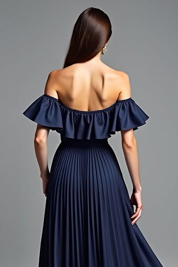 Navy Beaded Off the Shoulder A Line Long Formal Dress