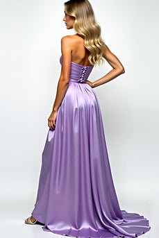 Purple Strapless Ruched Long Prom Dress with Slit