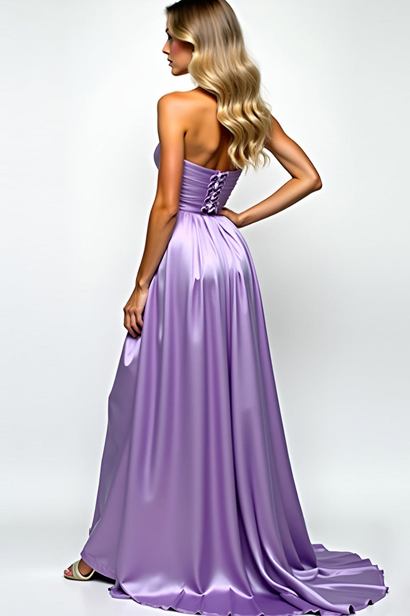 Load image into Gallery viewer, Purple Strapless Ruched Long Prom Dress with Slit